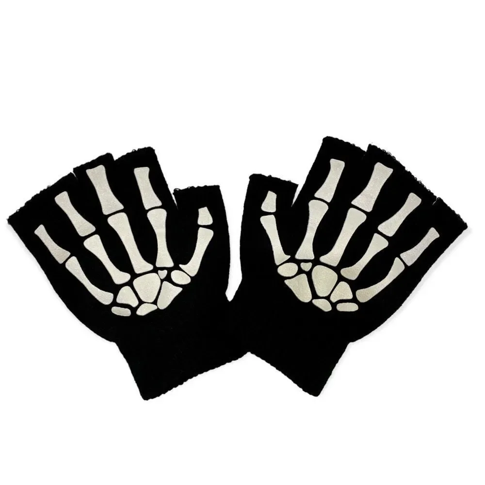 Gothic Glow In The Dark Skeleton Fingers Black Knit Shirt Cover Gloves NEW